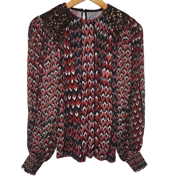 Annthropologie Bl-nk London Metallic Zig Zag Print Sequins Embellished Blouse XS - Picture 1 of 12